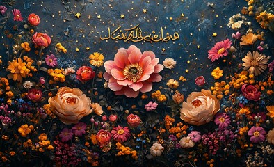 Vibrant Floral Arrangement with Pink and Orange Flowers and Golden Text