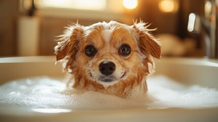A pampered pooch basks in a frothy bath, surrounded by the gentle scent of lavender and the loving gaze of its human groomer, bathed in the warm glow of a sunny bathroom.