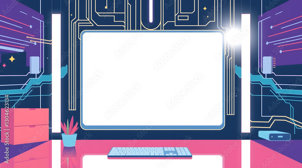 Poster a futuristic workspace, a computer with a blank screen set against a backdrop of vibrant digital lines and modern elements