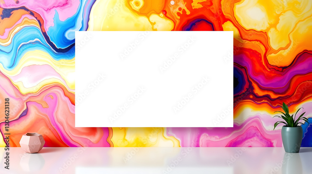Poster a vibrant, abstract background with a blank canvas. there is a small potted plant on the right side 