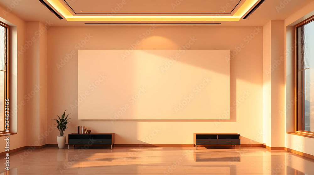 Poster an empty room, bathed in warm sunlight, featuring a large blank canvas, evoking a sense of possibili