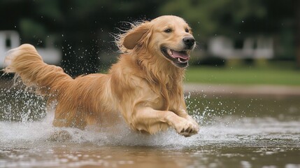 A playful golden retriever, its fur glistening with water, splashes and twirls in a refreshing puddle, its joyful barks echoing the carefree spirit of the moment, captured in a sunny outdoor setting.