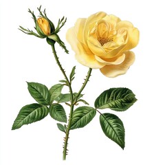 Single yellow rose bloom with bud and leaves.