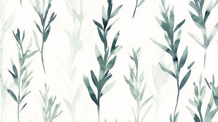 Minimalist modern rosemary pattern with individual stems painted in loose brushstrokes, ethereal watercolor wash technique showing movement and flow, pale green to blue-green gradient colors, white