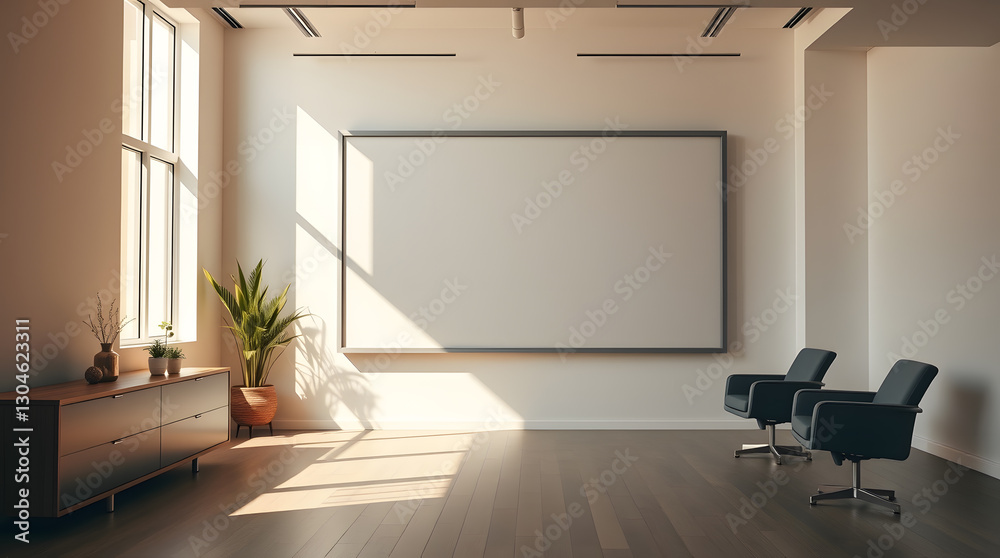 Poster a modern room with a projector screen and two armchairs. Natural light streams in from a large window, illuminating the room