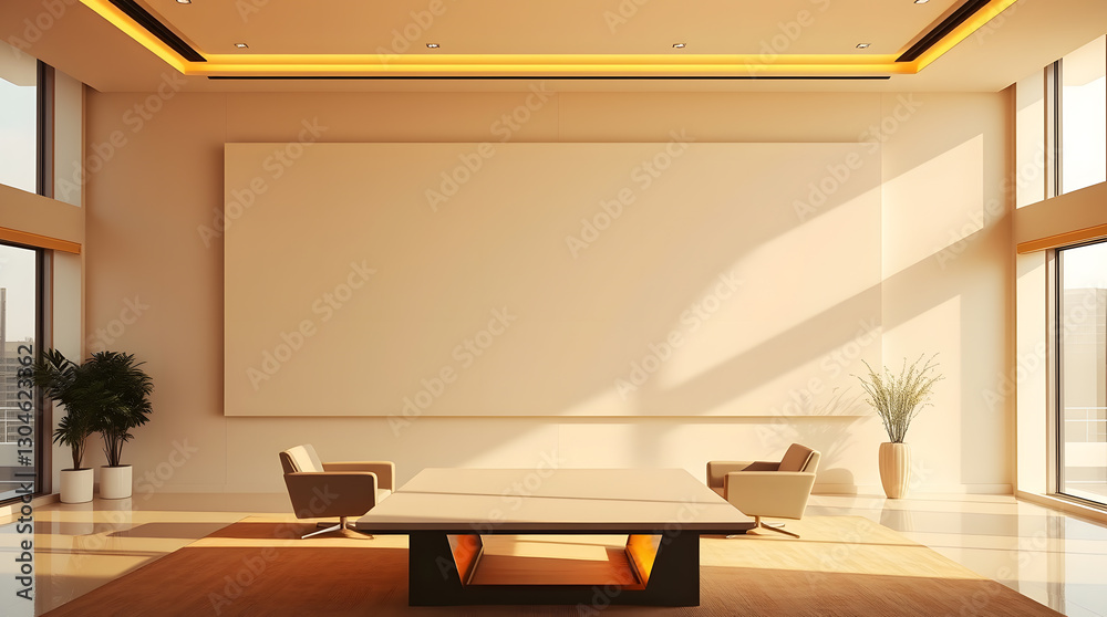 Poster a modern meeting room with large windows and a blank screen, creating a bright and welcoming atmosphere. The room is well-lit and features a long conference table and comfortable chairs
