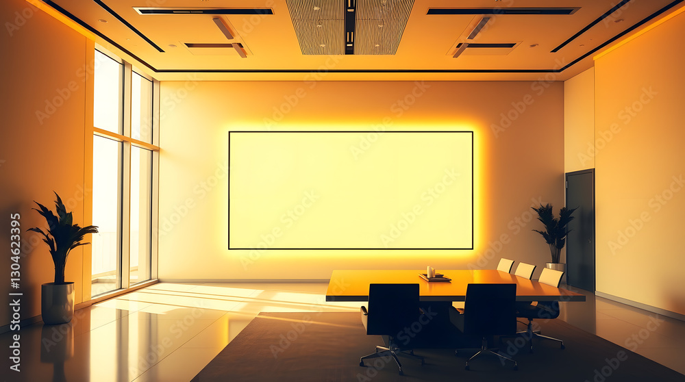 Poster an empty modern office space with an eye-catching display screen, ready for presentations. the room 