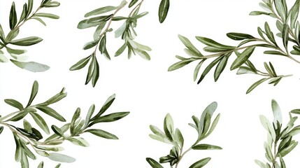 Dynamic arrangement of crossing rosemary branches with detailed leaf structures, dramatic watercolor bleeds and controlled splashes create organic texture, deep green pigments with hints of silver