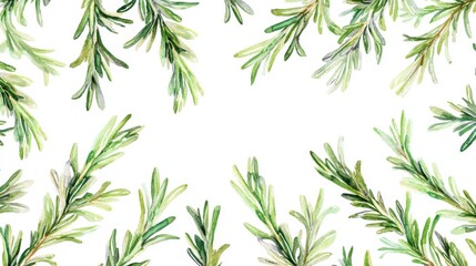 Fototapeta premium Dynamic arrangement of crossing rosemary branches with detailed leaf structures, dramatic watercolor bleeds and controlled splashes create organic texture, deep green pigments with hints of silver