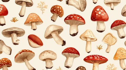 Illustration with variety of mushrooms set against white background. Artwork different shapes and colorful red fly agaric cap. Poisonous fungus pattern. Many fungi, whimsical forest.