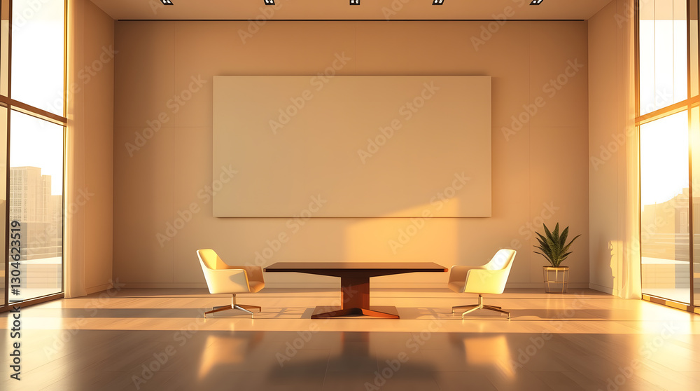 Poster a modern and bright meeting room bathed in sunlight, furnished with a table, two chairs and a blank 