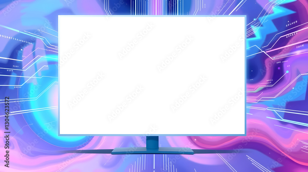 Poster a computer monitor with a blank screen, surrounded by a futuristic and colorful background