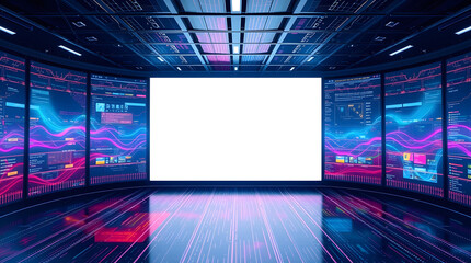 futuristic room with many monitors and a big screen in the middle 