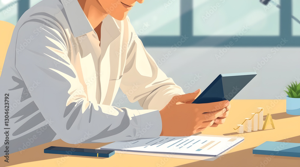 Aufkleber a person focused on a tablet in a bright office environment. a pen and document are on the desk