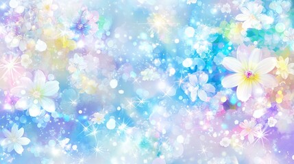 Floral background with glitter and sparkle, pastel rainbow colors, delicate flowers, shiny stars, white petals, a light blue sky, delicate, magical, whimsical. 
