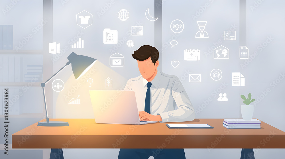 Poster a businessman focused on working with laptop, and with many virtual icons floating above his head
