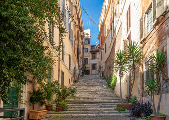 Old cozy street with stairs and plants in Rome, Italy