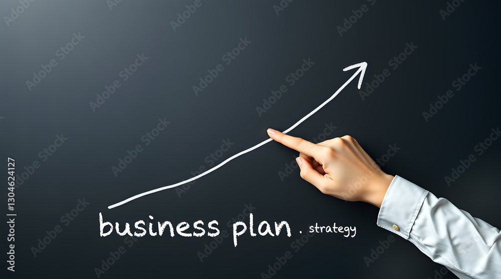 Poster a hand pointing toward a rising arrow that is part of a business plan. the arrow shows the business 