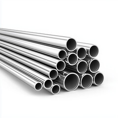 A stack of polished stainless steel pipes on a white background