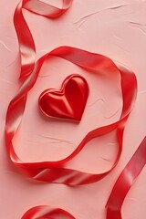 The concept of Happy Valentine's Day or Mother's Day is represented by a red heart-shaped ribbon on a pink background