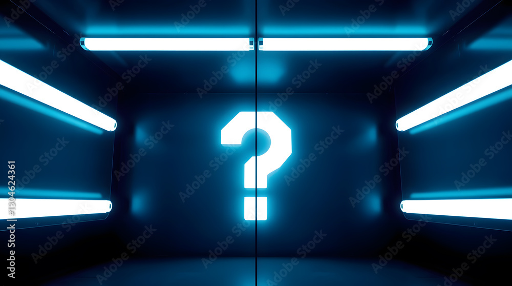 Poster a glowing question mark illuminated in a dark, futuristic room with neon lights