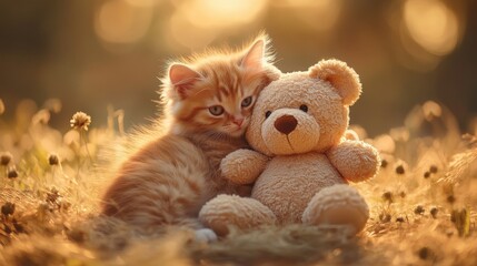 Fototapeta premium A fluffy orange kitten, its fur the color of a sunset, snuggled into the soft embrace of a plush teddy bear, their playful interaction captured in a dreamy, softly lit setting, evoking a sense of