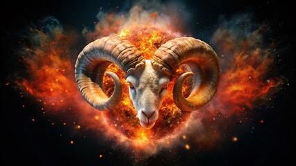 Macro 3D Aries Zodiac Sign: Fiery Ram Horns & Celestial Dust