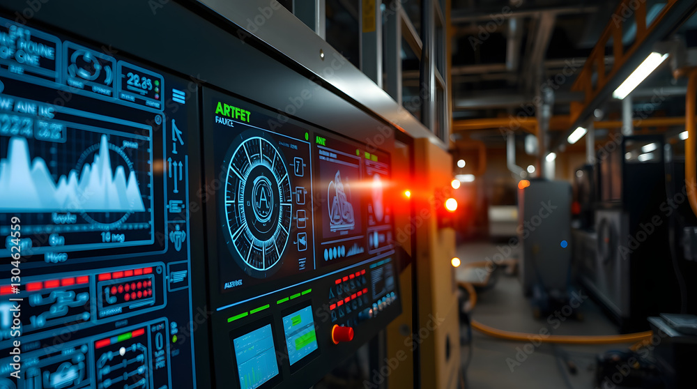 Poster industrial control panel with monitors in factory