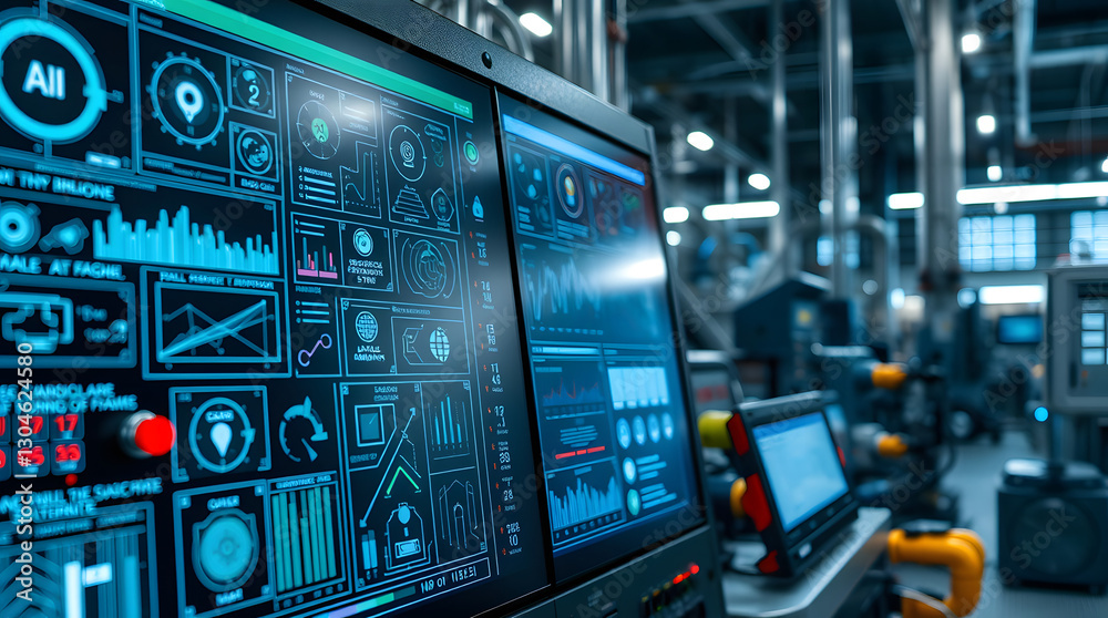 Poster the high-tech monitoring displays, showcasing complex data and intricate interfaces, hinting at advanced machinery and automation within an industrial setting