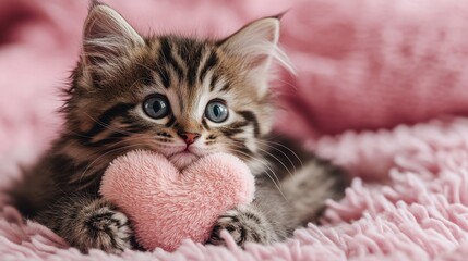 A fluffy kitten, its eyes sparkling with adoration, cradles a heart-shaped plush toy in its paws, its gentle purr a symphony of love and tenderness against a soft pink backdrop, exuding a sense of