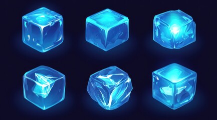 Six glowing blue ice cubes, various angles.
