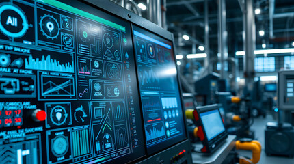 Obraz premium the high-tech monitoring displays, showcasing complex data and intricate interfaces, hinting at advanced machinery and automation within an industrial setting