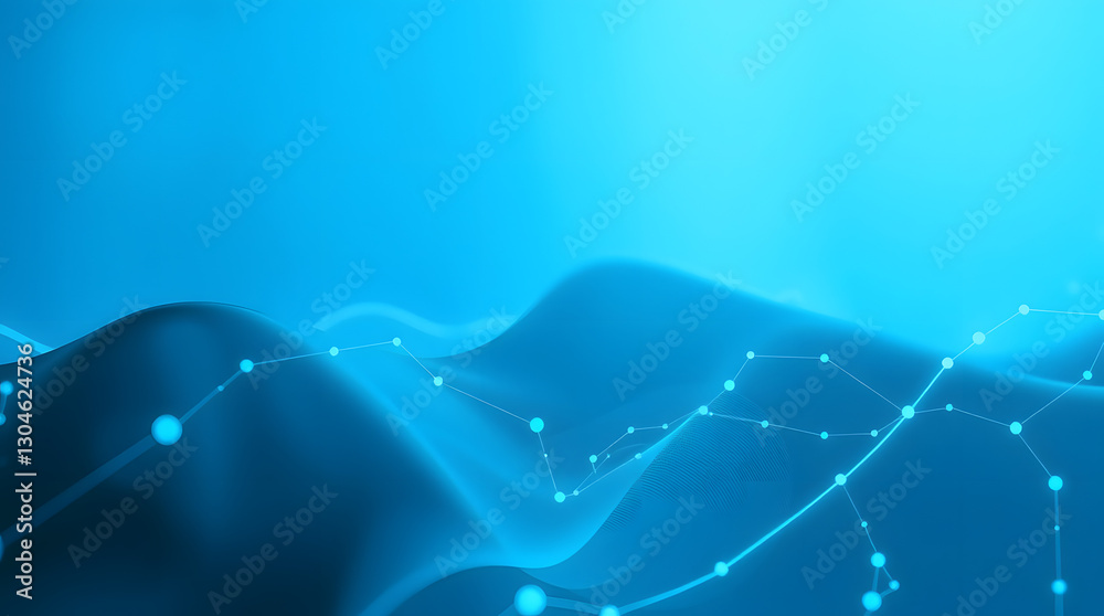 Poster blue abstract wave with glowing dots and lines, representing a network or digital landscape