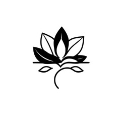A minimalist monochrome illustration featuring a black lotus flower with a stylized, elegant design.