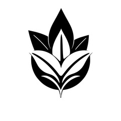 Symmetrical Flower Silhouette: A Black and White Floral Design with Leaves and a Circular Base.