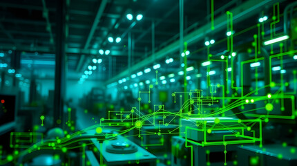 modern manufacturing facility, with a focus on technology and innovation, with circuits overlays