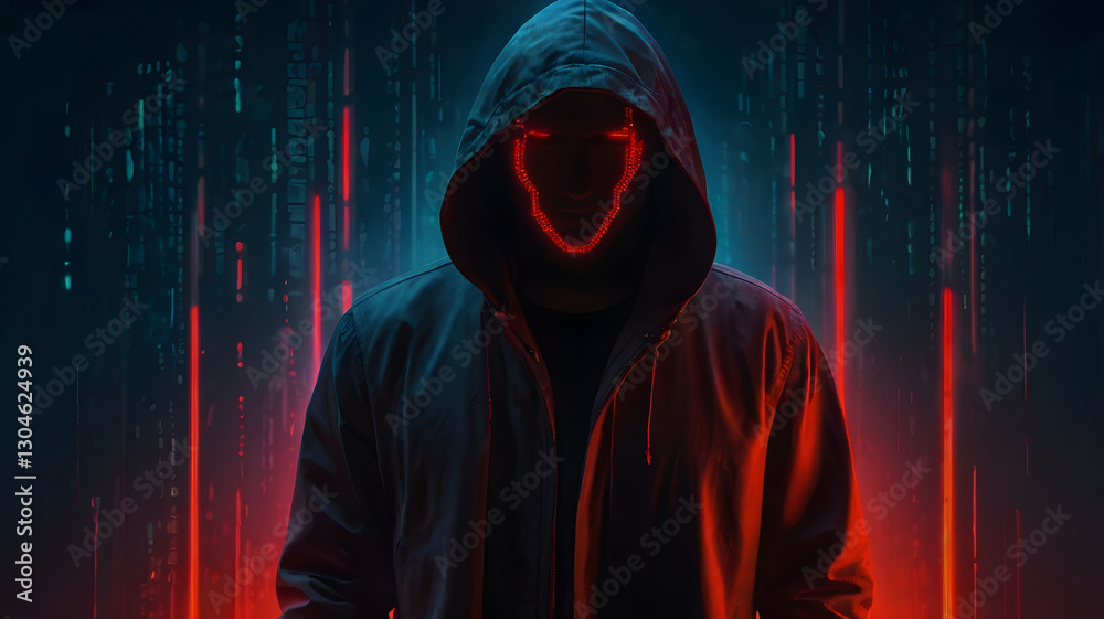 Poster a hooded hacker's glowing red mask against a dark and futuristic background. the scene evokes a sens