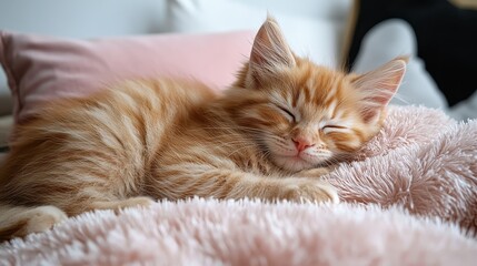 A fluffy orange kitten, its purr a soothing melody, nestled contentedly on a soft pink pillow, radiating warmth and tranquility in a cozy setting, a picture of domestic bliss.