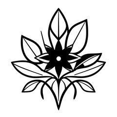 Stylized Black and White Geometric Illustration of a Floral Motif Composed of Leaves and a Central Flower.