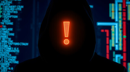 a hooded figure with a glowing warning symbol in front of computer codes