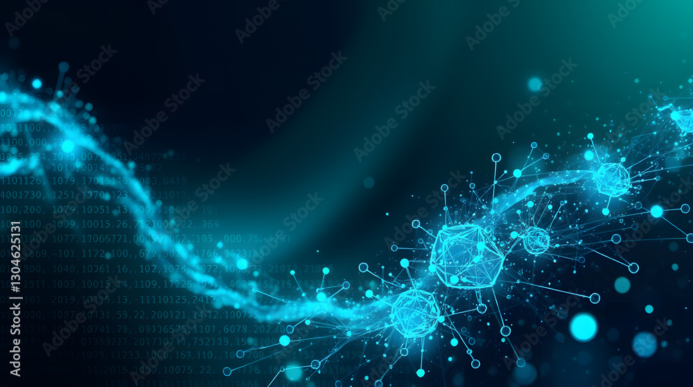 Poster a stunning digital illustration of glowing virus particles, floating in a captivating abstract desig