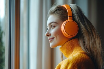 Donna  serena e felice, con cuffie arancio, che guarda fuori dalla finestra, immersa nei suoi pensieri e nella musica.
