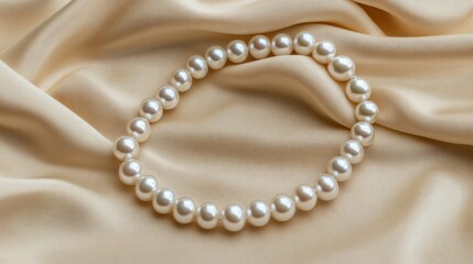 Fototapeta premium Elegant strand of pearls arranged on soft golden fabric, showcasing timeless beauty and classic style for any occasion
