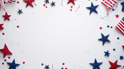 The concept of Happy Independence Day, President's Day, and Labor Day is represented by a USA holiday banner design, consisting of a frame of American flags and confetti stars on a white background