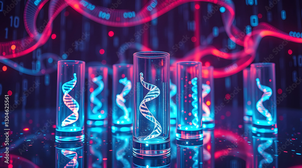 Poster dna strands encased in transparent containers, illuminated by a cool, futuristic light setting. the 