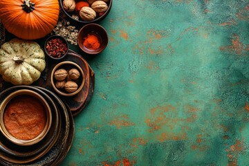 A rustic green table showcases an autumn composition of ripe pumpkins, fallen leaves, dry oranges, acorns, and nuts, embodying the concept of Happy Thanksgiving day in a flat lay, top view, with copy