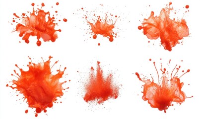 Six red liquid splashes isolated on white background.