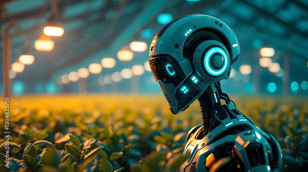 Poster a futuristic robot observing a field of crops, illustrating the integration of technology in agriculture