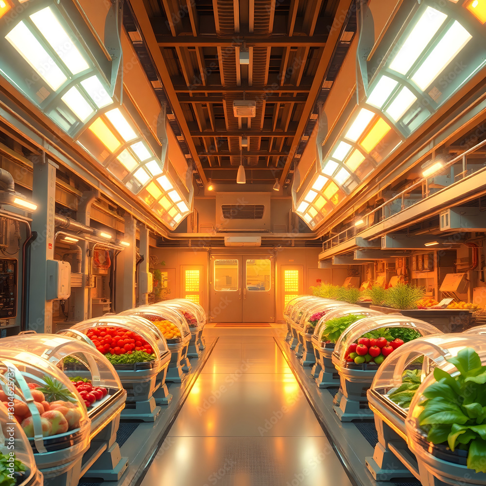 Aufkleber an indoor greenhouse with rows of various fruits and vegetables, showcasing innovative and sustainab