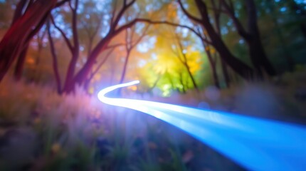 Glowing Trail Through Autumnal Forest with Light Painting Effect